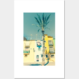 Retro faded image row of pastel colored terrace style traditional Mediterranean homes Posters and Art